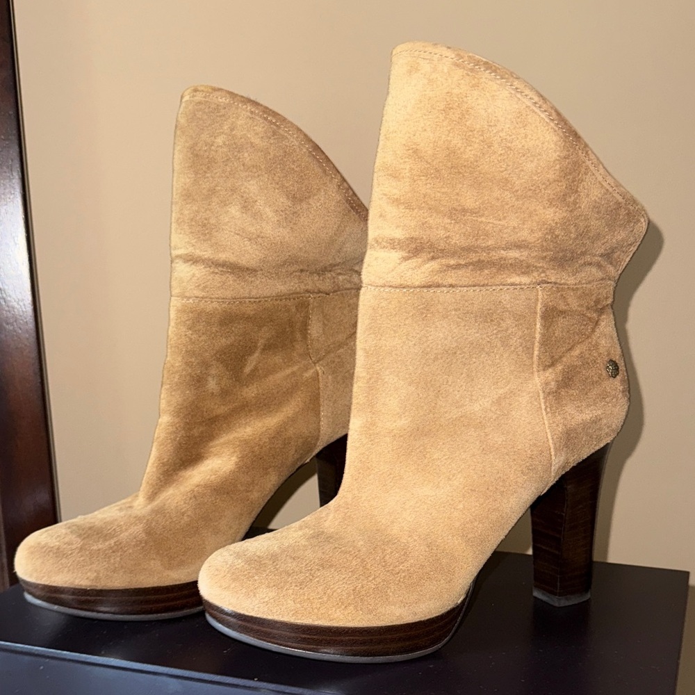 UGG Tan Suede Shearling Fold-Over Ankle Boots